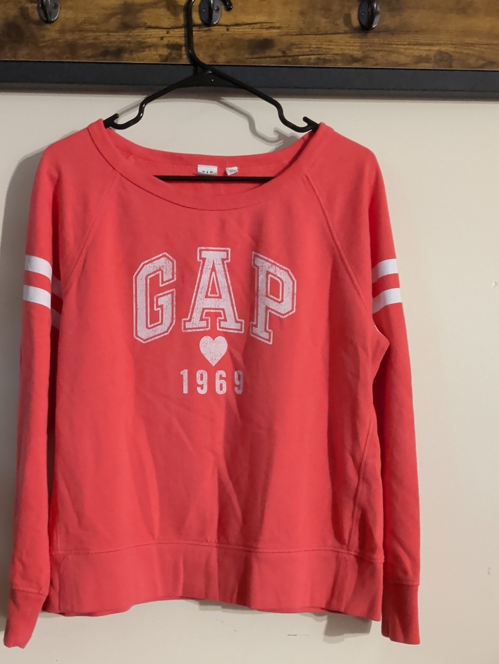 GAP Coral Crewneck Sweatshirt with White Sleeve Stripes
